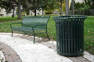 Steel park bench and trash can, outdoor site furnishings