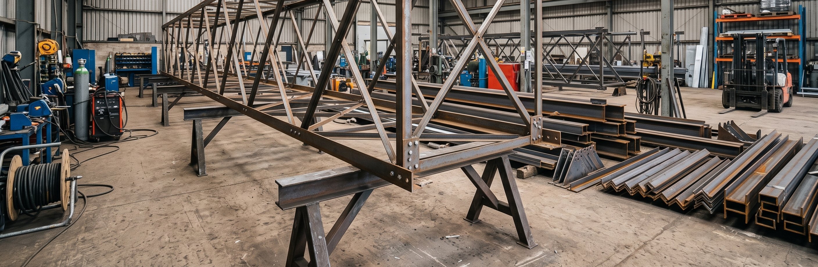 Steel lattice transmission tower section in fabrication
